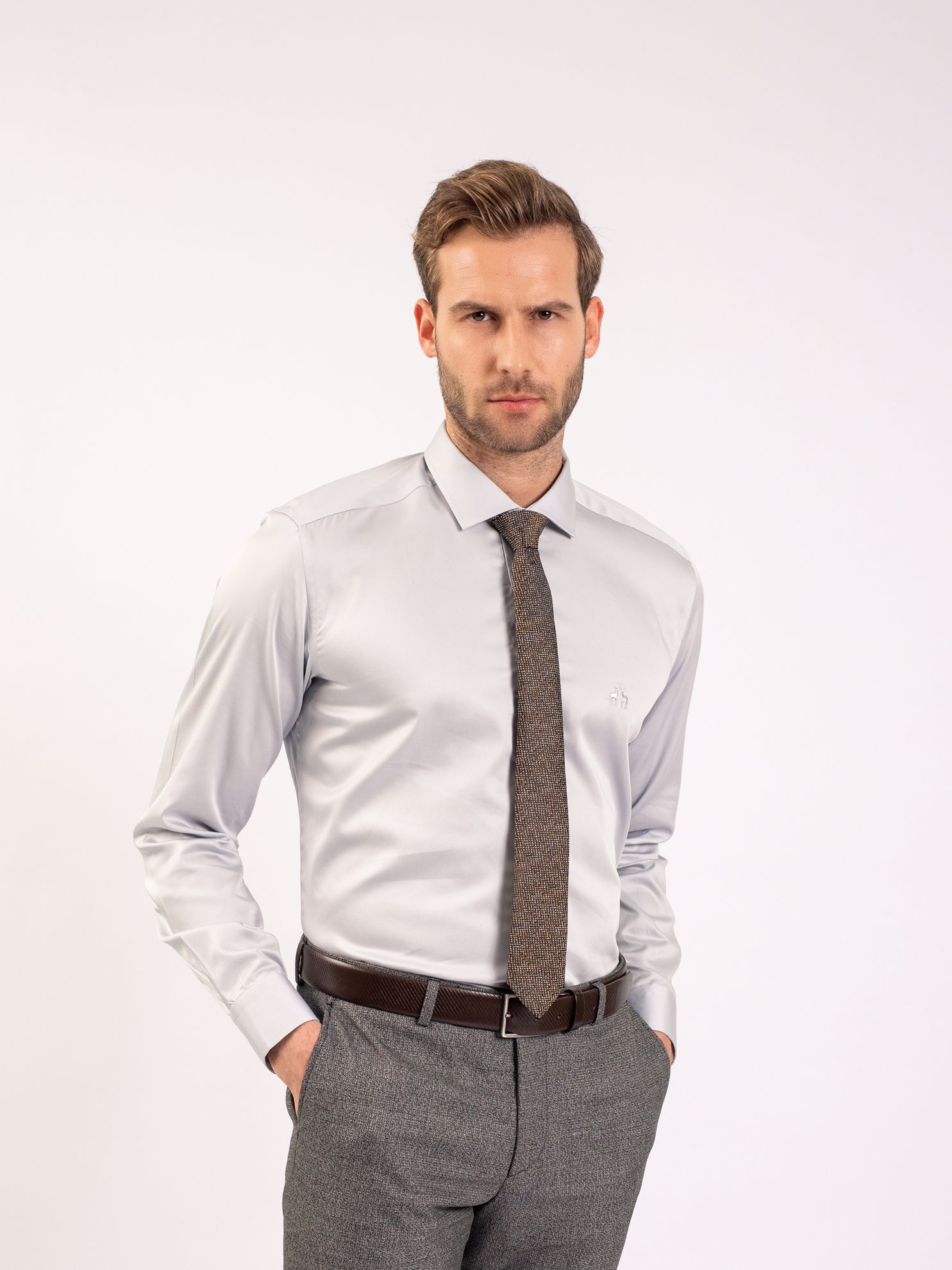 Karaca Erkek Slim Fit Gömlek-Açık Gri. ürün görseli