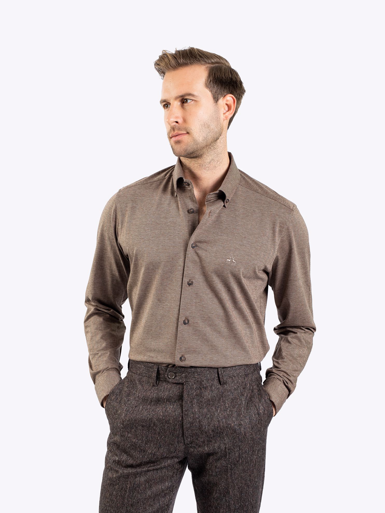 Karaca Erkek Modern Fit Gömlek-Kahverengi. ürün görseli